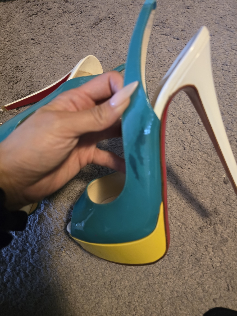 Christian Louboutin Teal and Yellow Patent Peep-Toe Slingback Pumps - Picture 2 of 6